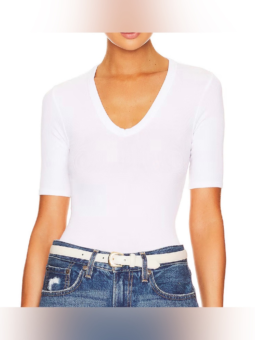 Enza Costa Silk Blend White Ribbed U-Neck Half Sleeve Stretch T-Shirt S